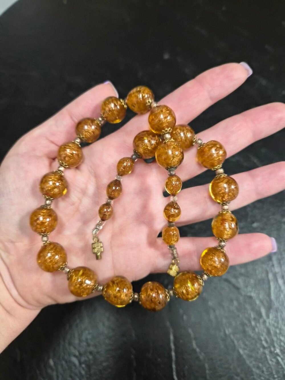 Vintage Czech Aventurine Glass Necklace Art Deco Amber-Tone Beads Old Hollywood